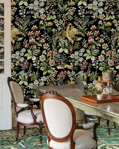 Bellora Tapestry Dark Floral Wallpaper in a styled room