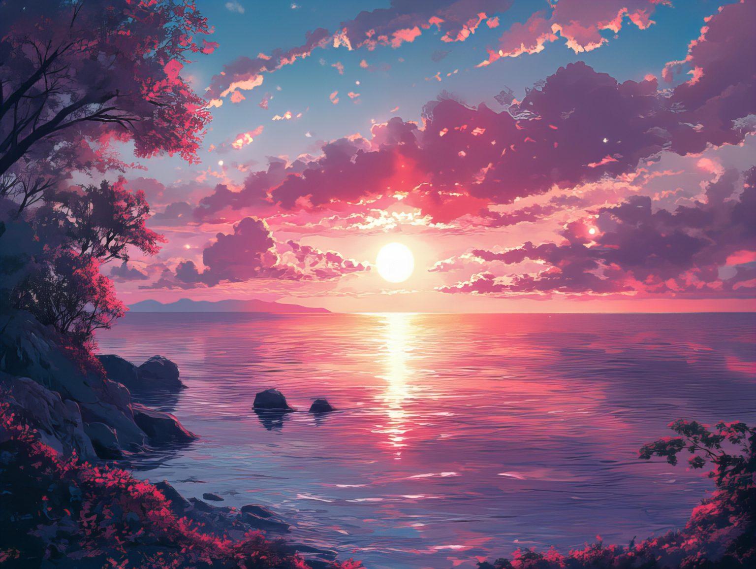 A still lake reflecting the pastel colors of the morning sky, surrounded by lush greenery.