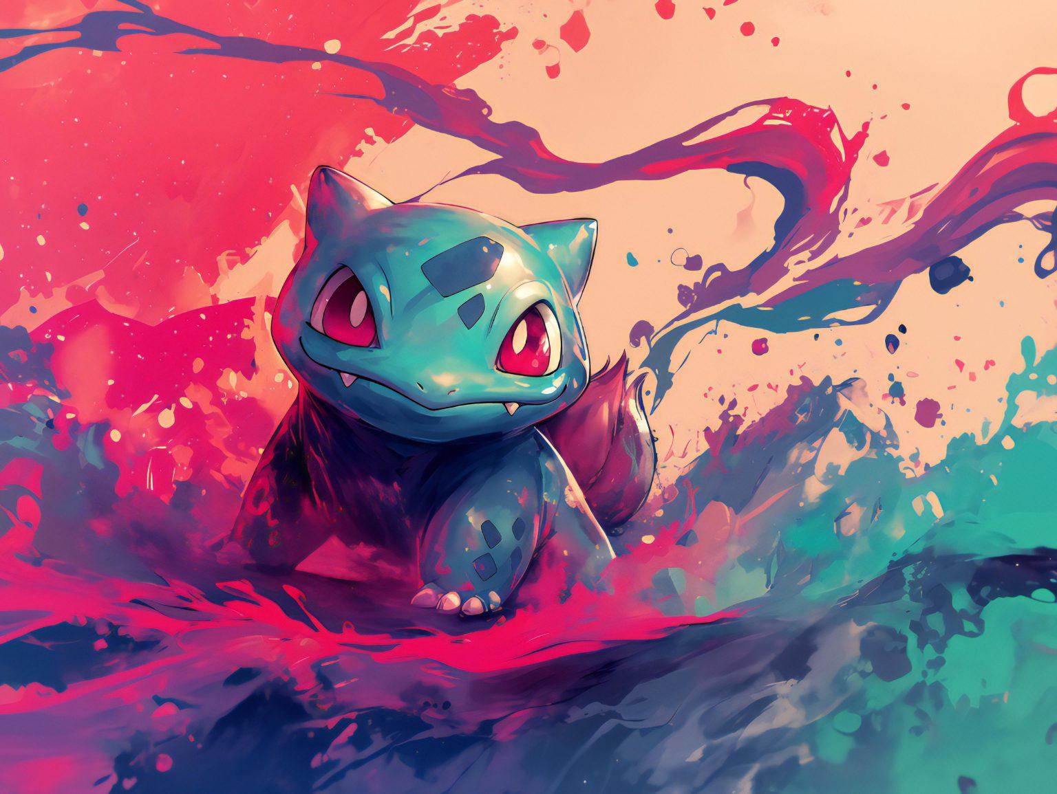 A kawaii bulbasaur wallpaper featuring dazzling colors and whimsical Pokémon-inspired artistic elements.