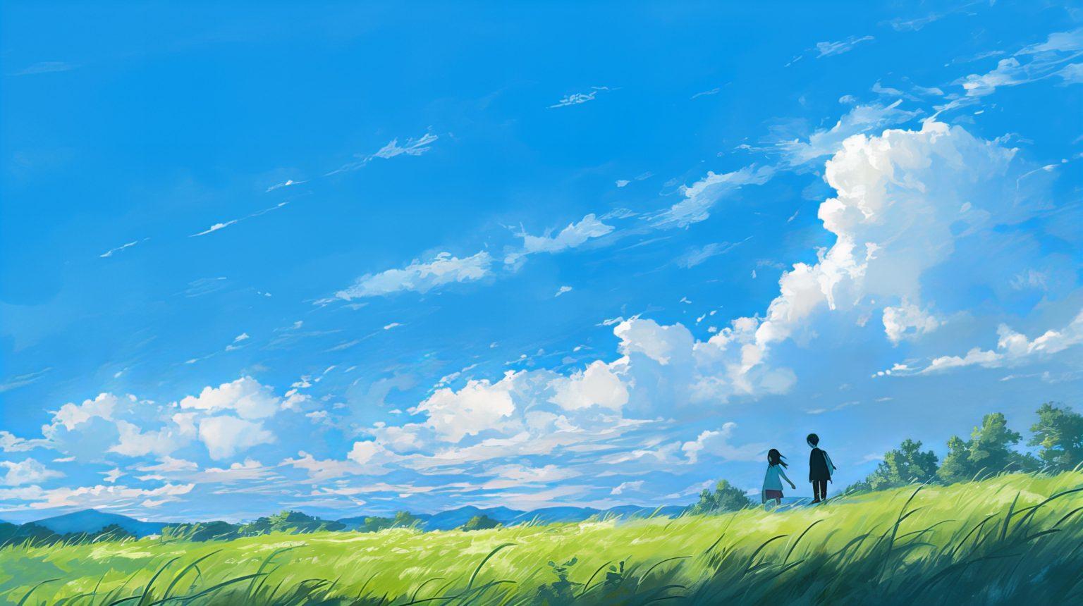 A vast green meadow stretching under a bright blue sky with soft drifting clouds.