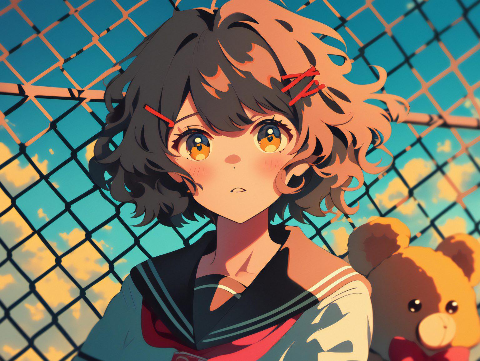 A cheerful anime character watching glowing lanterns float into the sky, surrounded by a peaceful night setting.