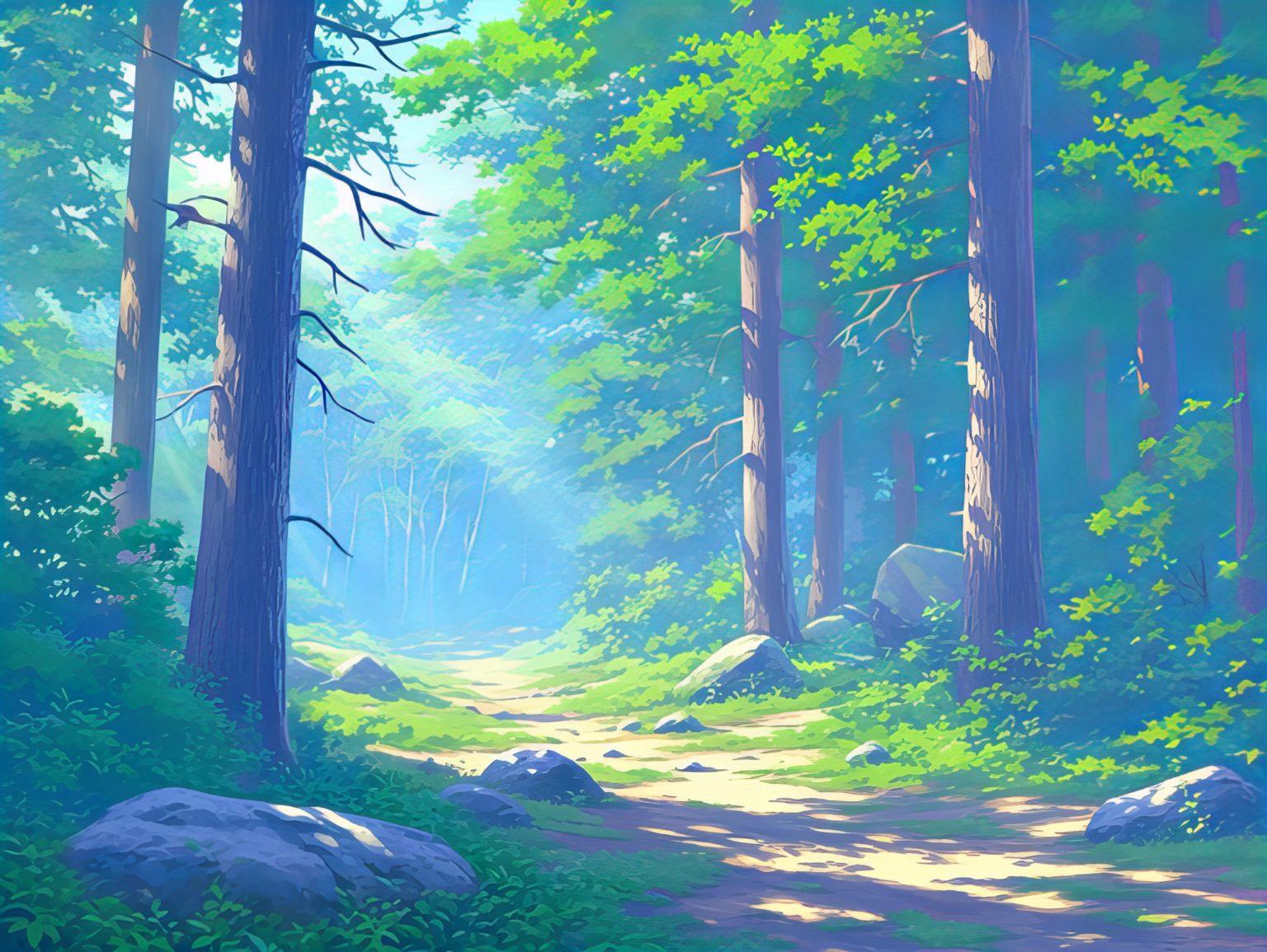 A tranquil anime-style valley surrounded by misty mountains in golden sunlight.