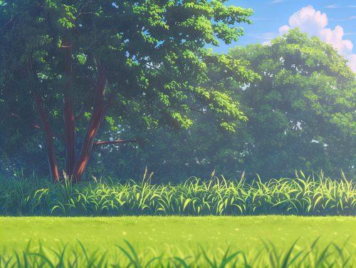 A cheerful animated landscape with rolling green hills and a bright blue sky.