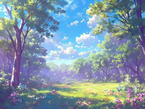 A colorful animated landscape with rolling hills under a vivid blue sky.