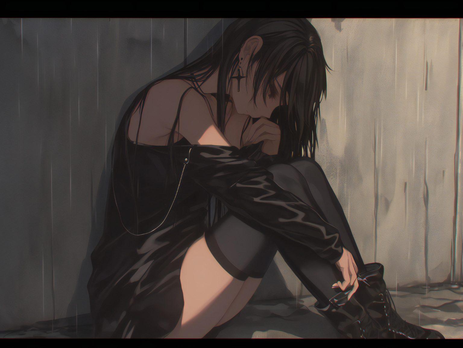 A powerful crying anime wallpaper with deep colors and gentle shading.