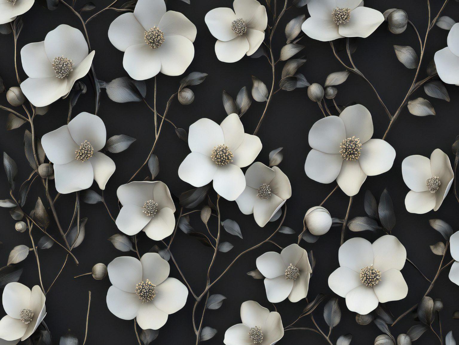 A sleek black and white modern floral wallpaper featuring contemporary floral elements with soft shading.
