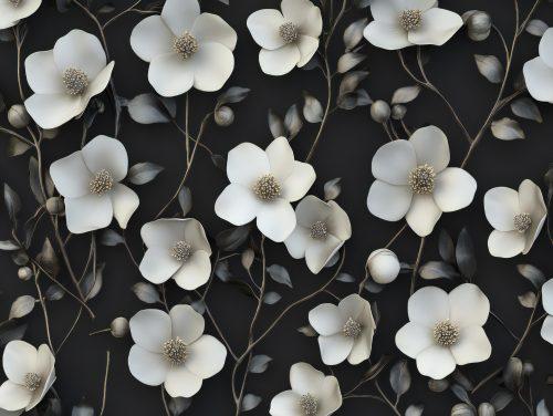 A sleek black and white modern floral wallpaper featuring contemporary floral elements with soft shading.