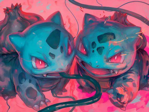 A bulbasaur background featuring radiant colors and lively nature-inspired artistic elements.