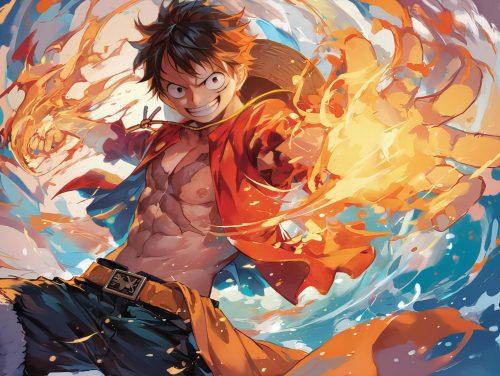 monkey d luffy attacking with fire as the background is nice and ocean blue