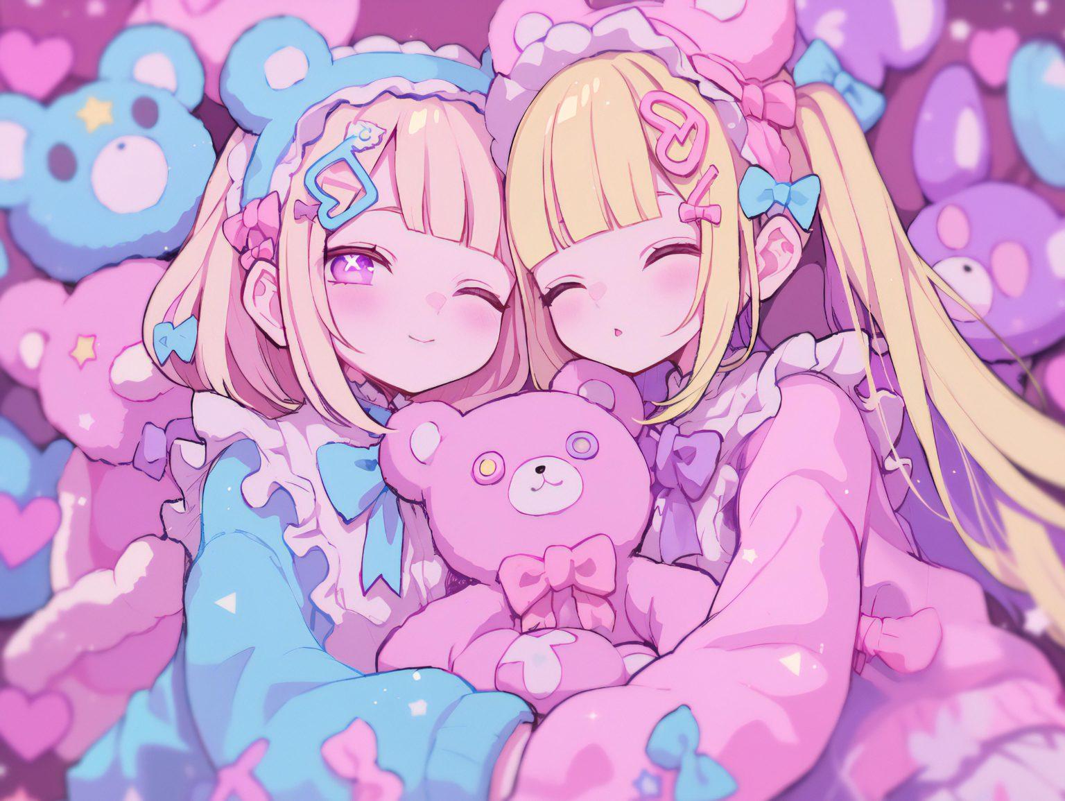 A happy anime character holding a small stuffed animal, surrounded by floating pastel-colored stars.