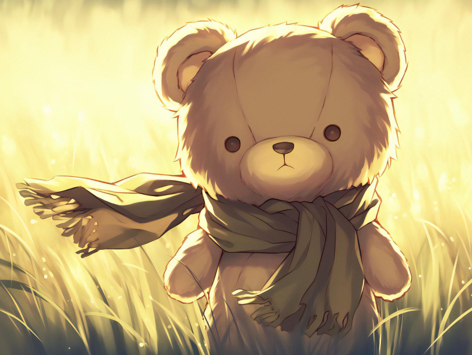 A cheerful anime character playing in a field of glowing flowers, with fireflies floating around.