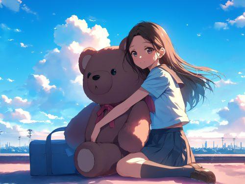 A smiling anime character sitting on a bench, enjoying a warm sunset with a soft breeze.