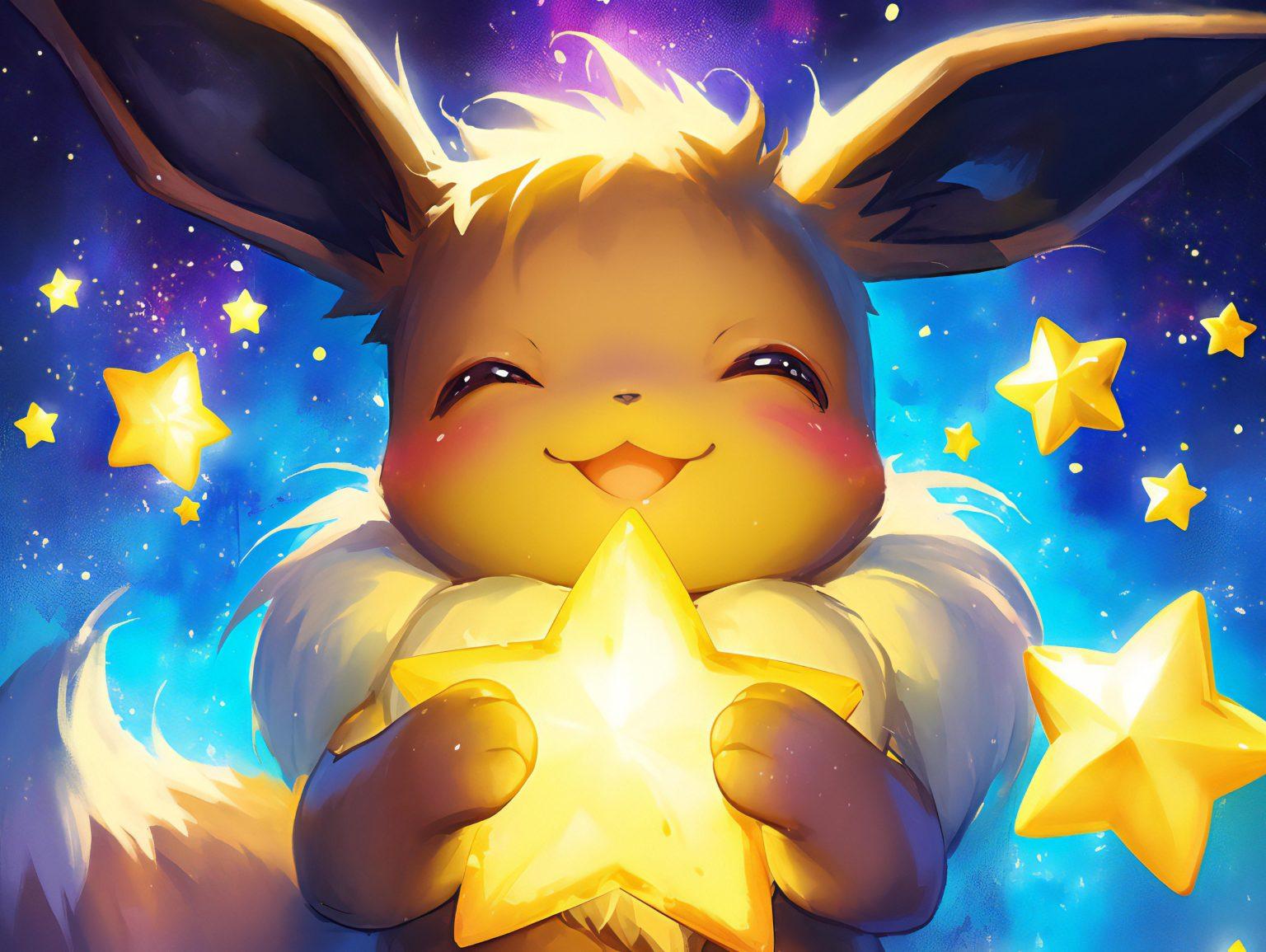 cute eevee holding a star in blue space
