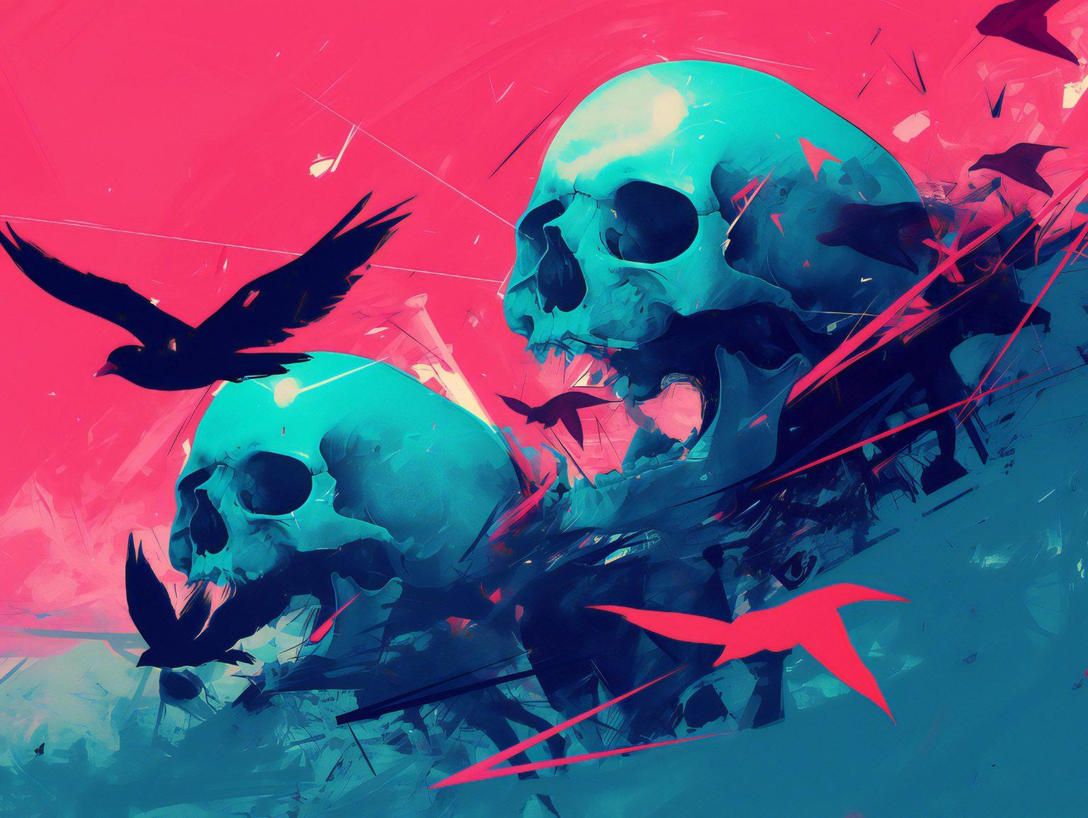 A vivid, colorful skull floating in an ethereal cosmic mist, surrounded by glowing energy.