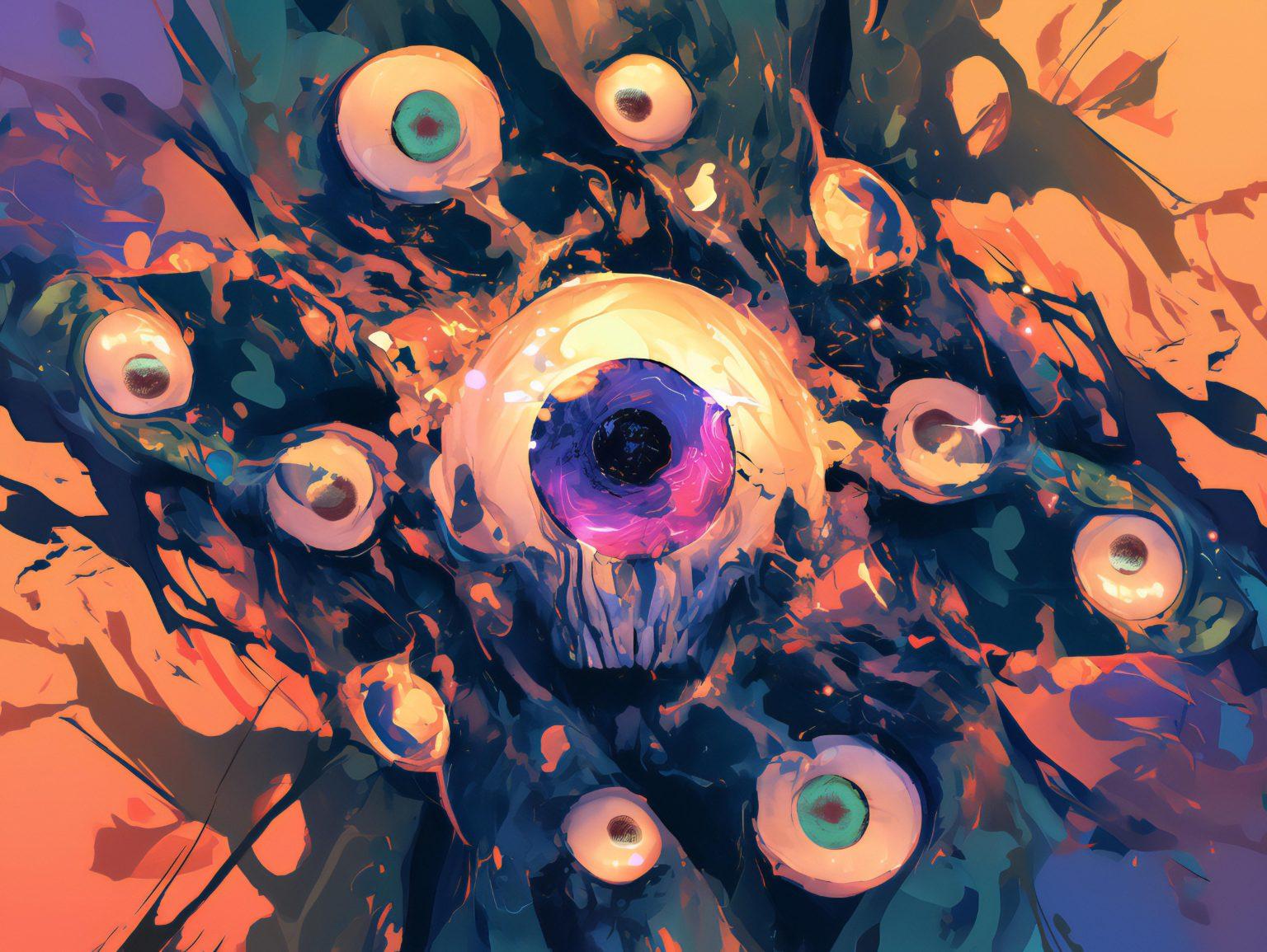 A luminous skull with swirling patterns and vibrant streaks of color in a mystical setting.