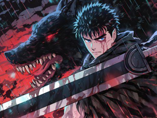 A berserk fanart wallpaper featuring strong artistic contrasts and battle-driven energy.