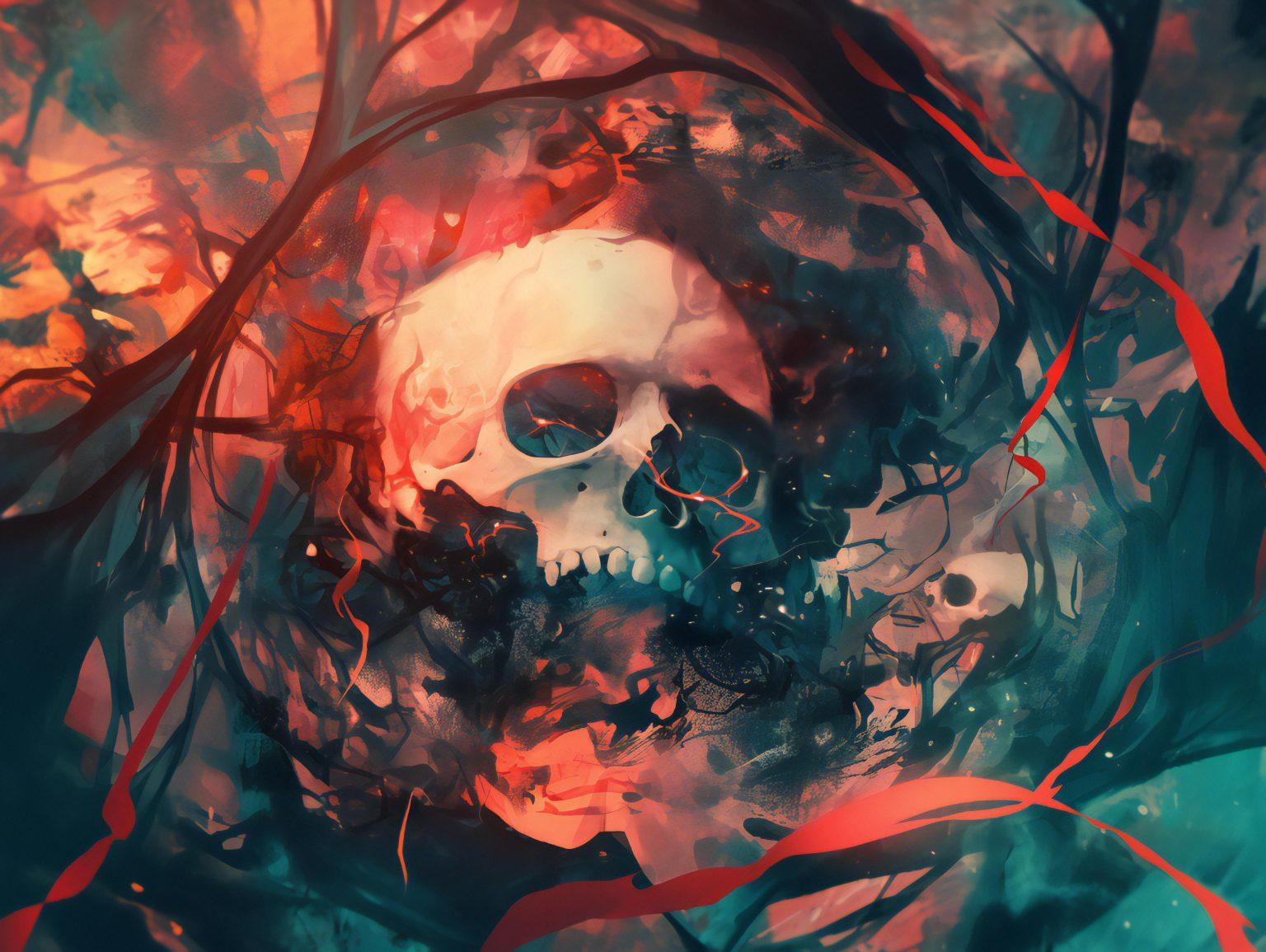 A glowing skull suspended in a celestial atmosphere, radiating vivid light and deep shadows.