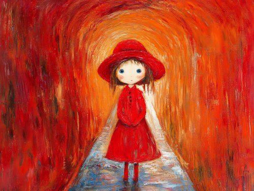 red van gogh painting featuring a little girl wearing red in a tunnel