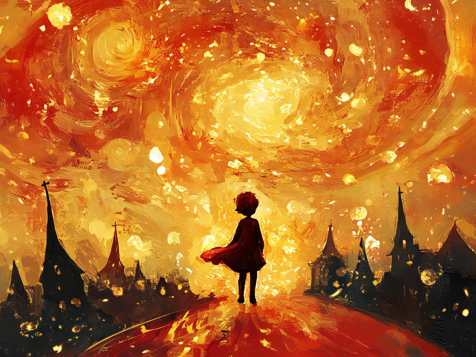 red van gogh painting featuring an amazing sky with a silhouette of a girl