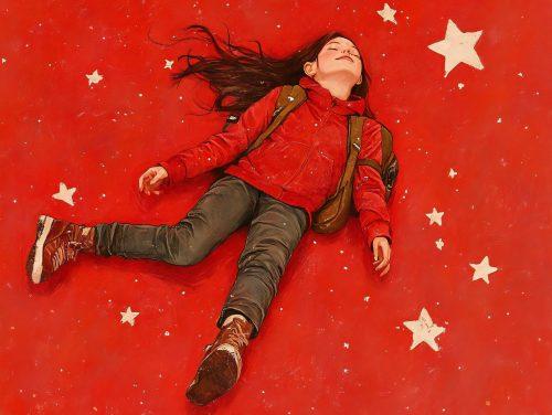 red van gogh painting featuring a girl on a red background with yellow stars lying down