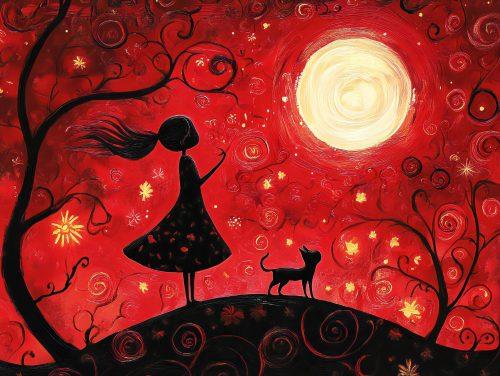 red van gogh painting featuring silhouette of a girl and a cat infront of a red night sky with a moon