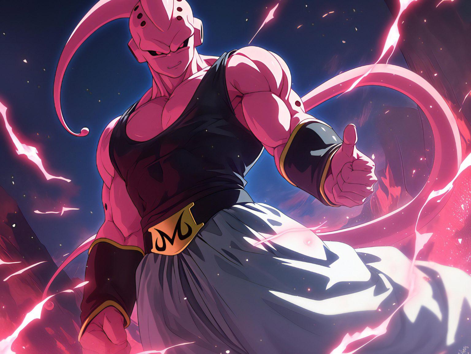 A majin buu wallpaper highlighting Majin Buu’s unleashed power in an immersive artistic composition.