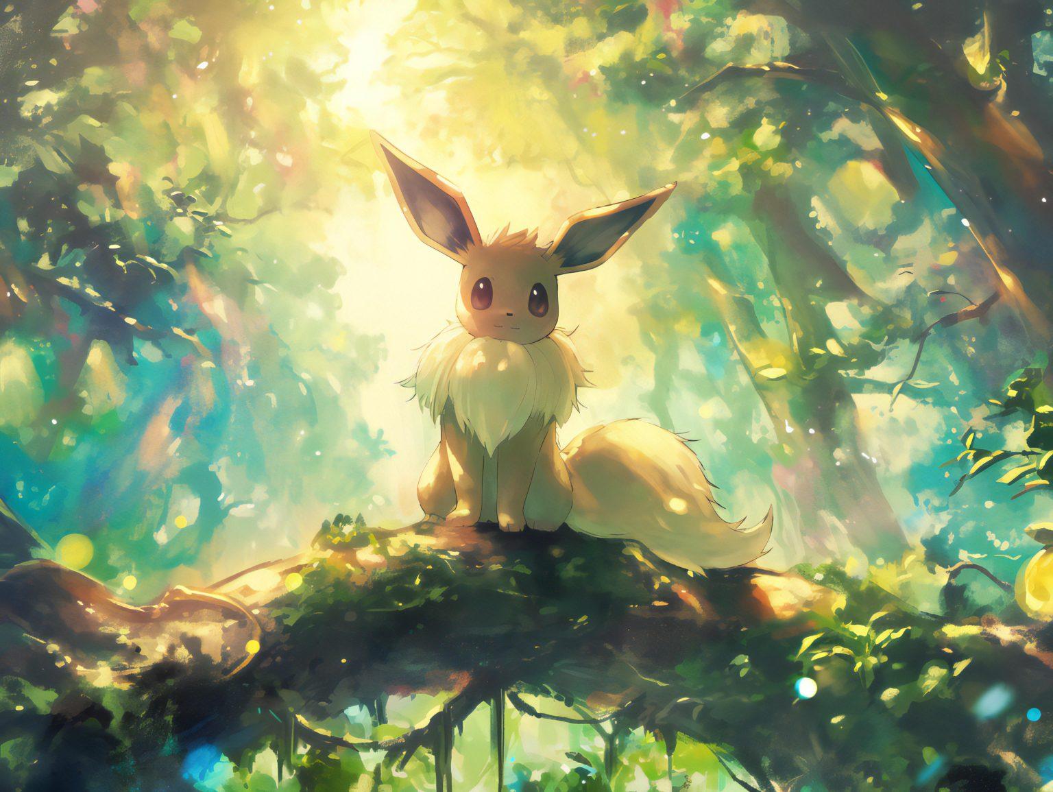 eevee being cute ontop of a branch in the jungle