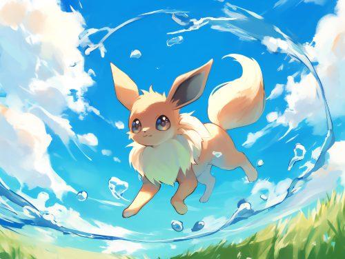 eevee junping in the wild with a big sky behind