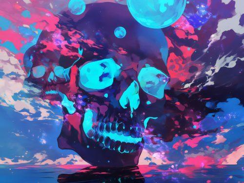 A glowing, spectral skull illuminated by ethereal waves of light and shadow.