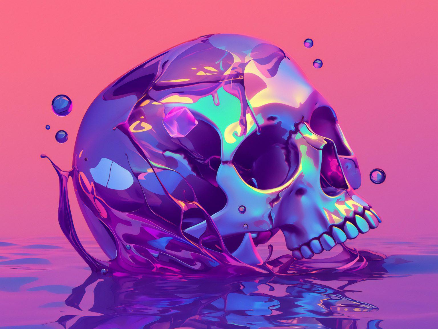 A surreal skull with shifting colors and intricate abstract patterns in a dreamlike setting.