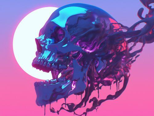 A radiant skull floating in a glowing mist, surrounded by swirling neon energy.