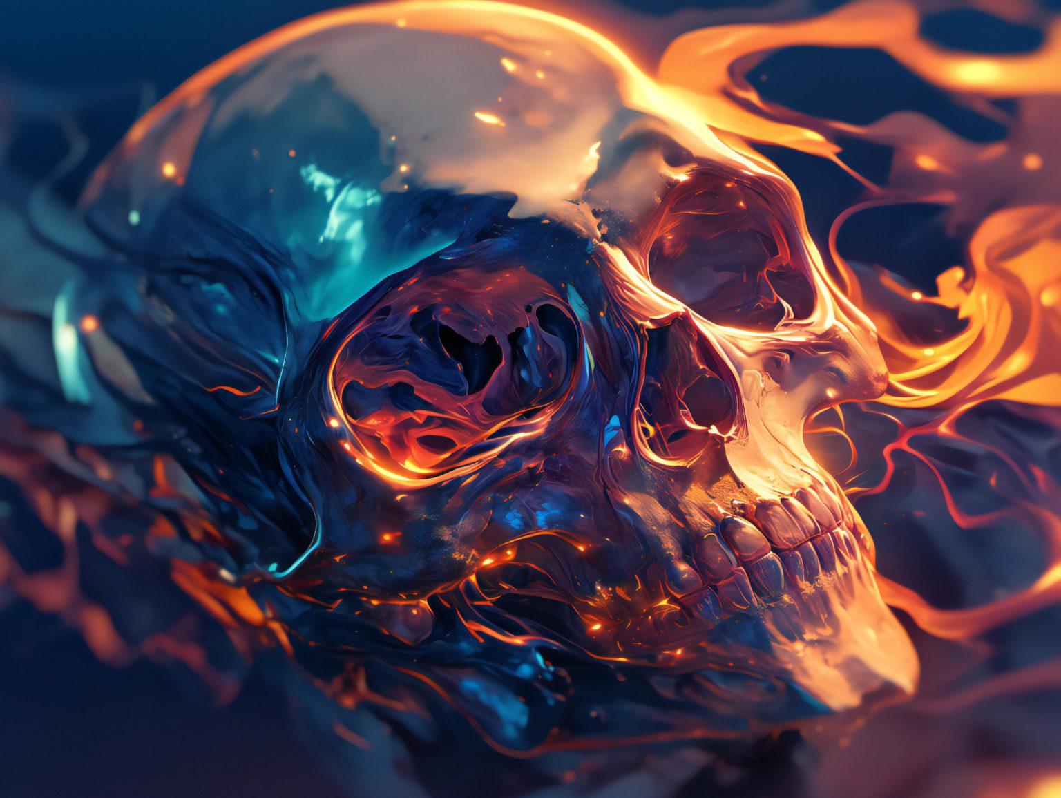 A mystical skull engulfed in fluid, iridescent hues, creating a hypnotic visual.