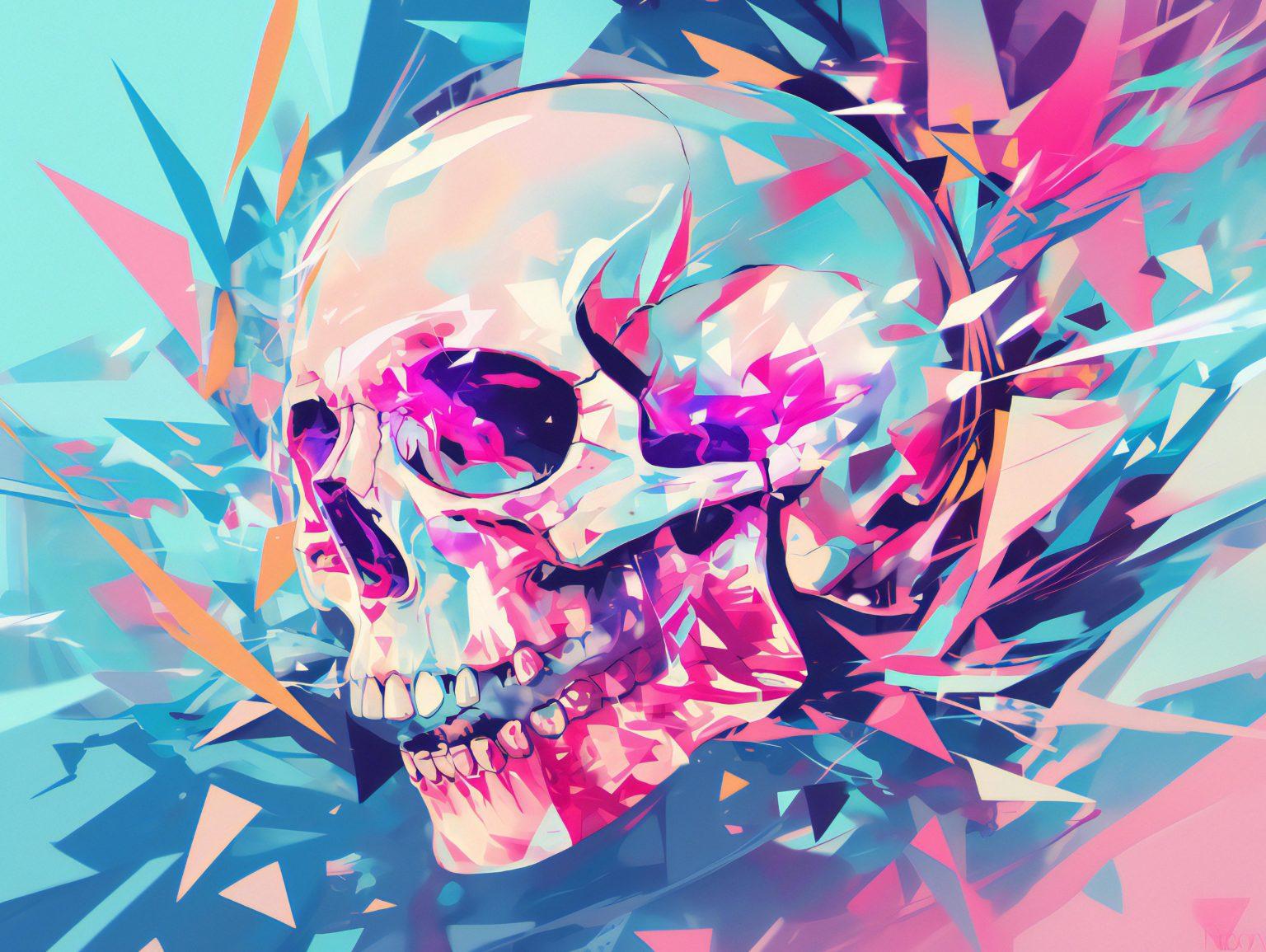 A haunting yet beautiful skull radiating colorful, pulsating waves in a dark expanse.