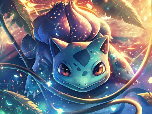 A cute bulbasaur wallpaper featuring bold artistic textures and cheerful Pokémon-inspired colors.