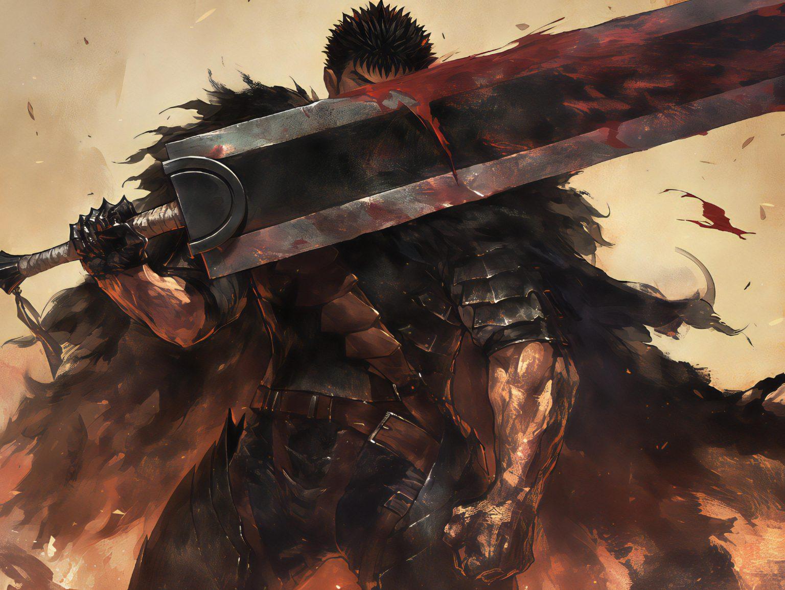 A berserk fanart wallpaper featuring a powerful stance and high-impact artistic details.