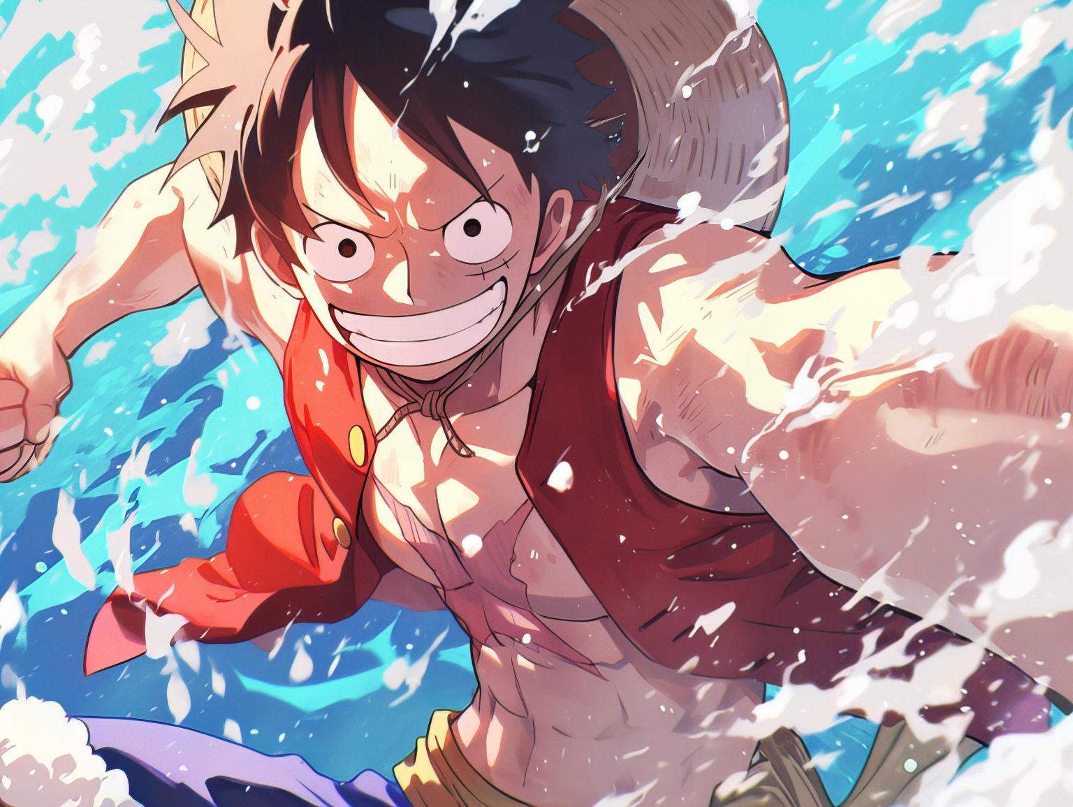 monkey d luffy with a big smile looking at the camera within blue water