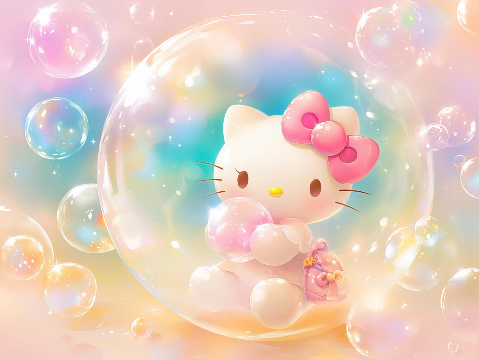 hello kitty in rainbow setting inside a bubble