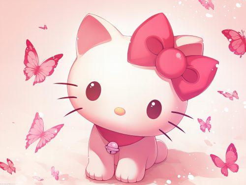 beautiful hello kitty on a white and pink background with butterflies