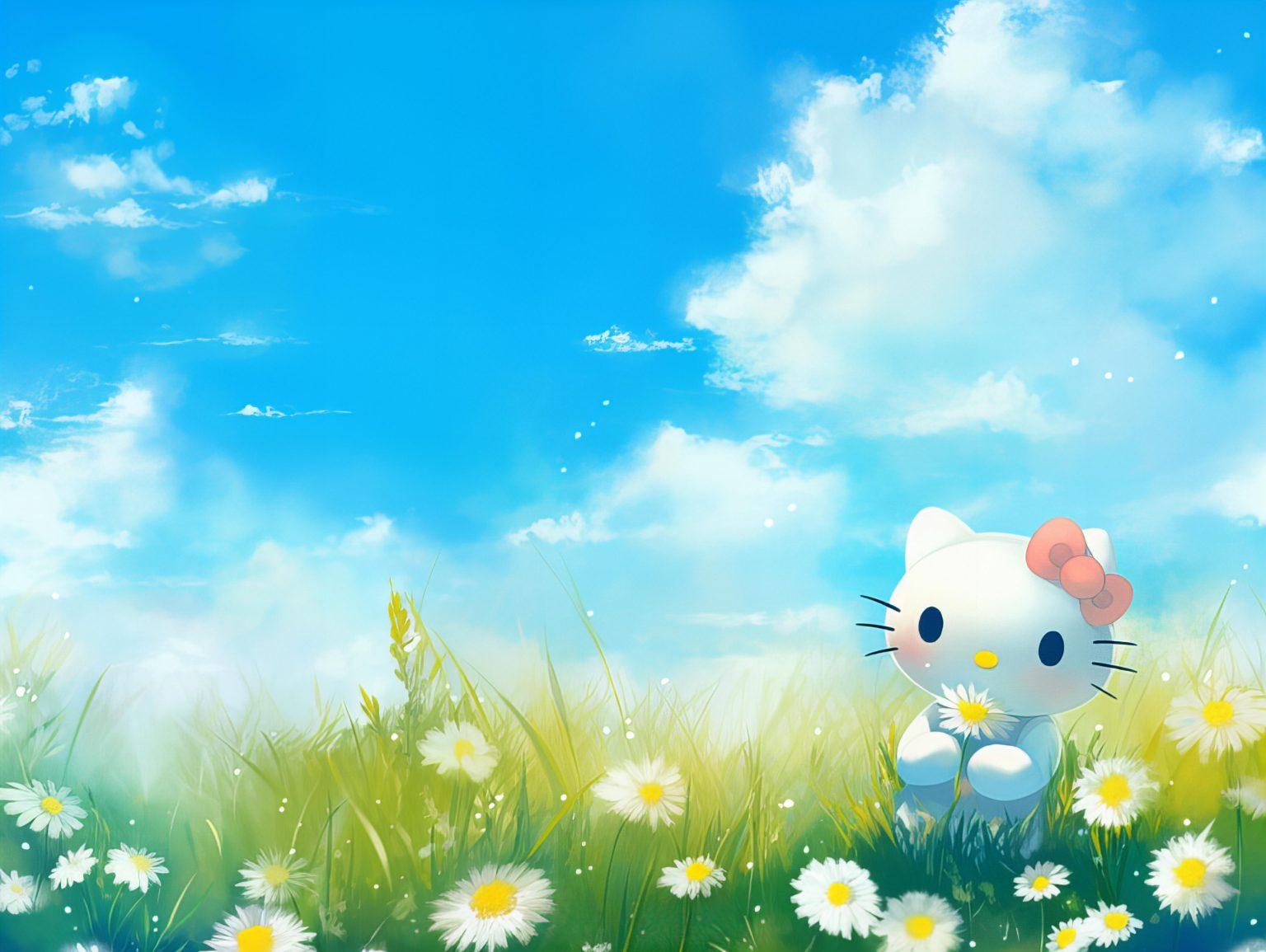 hello kitty in nature surrounded by the sky and flowers