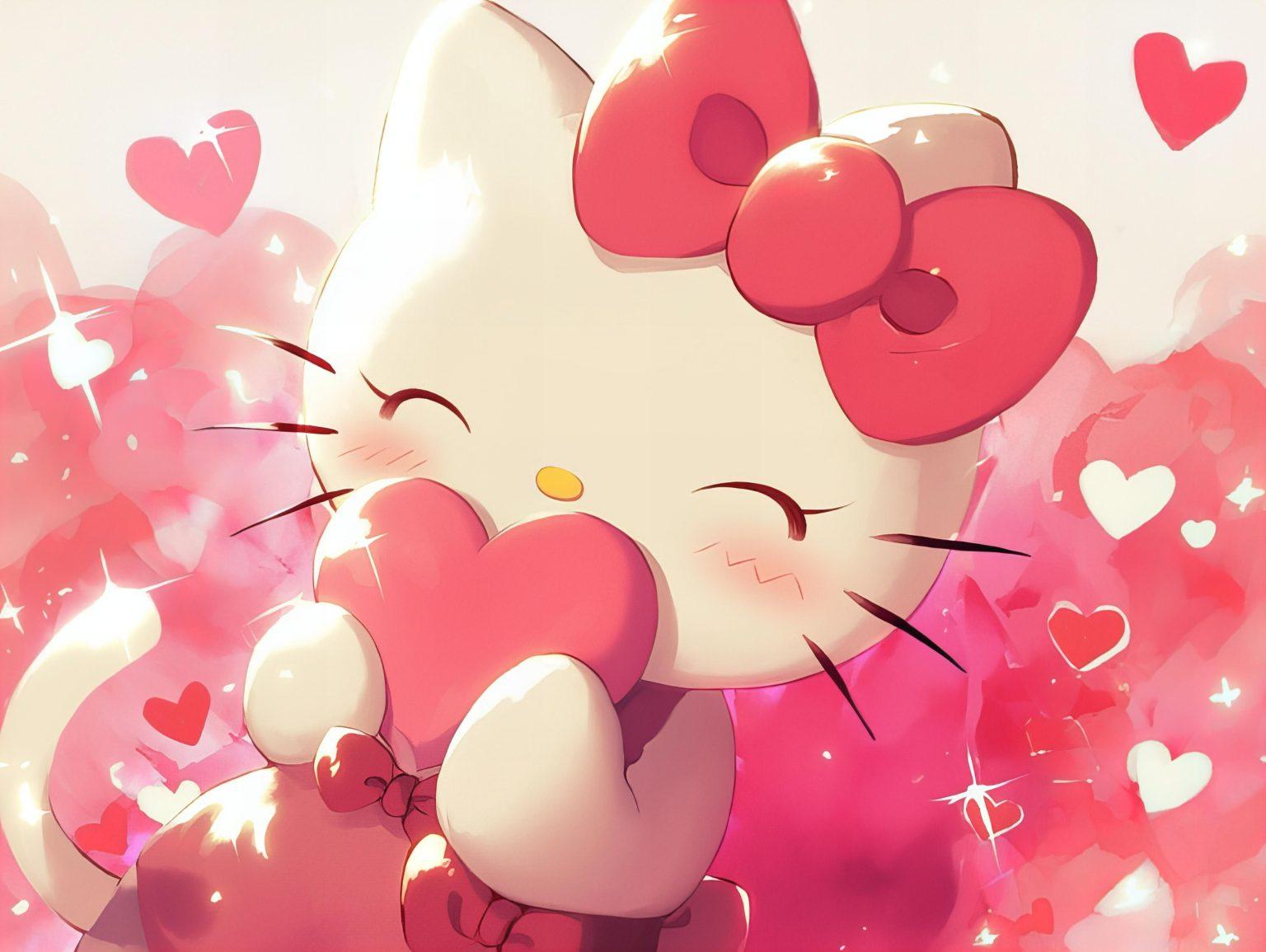 cute hello kitty hugging a big pink heart