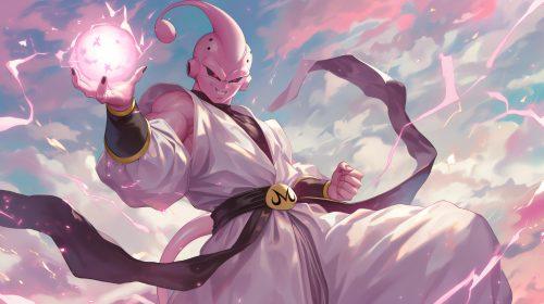 A majin buu background featuring Majin Buu’s commanding presence with striking artistic intensity.