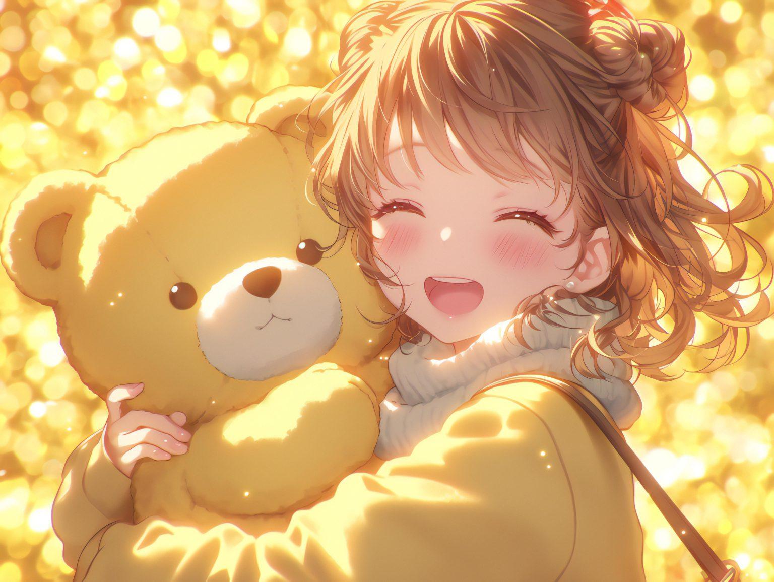 A cheerful anime character playing with a stuffed toy, surrounded by a glowing pastel sky.
