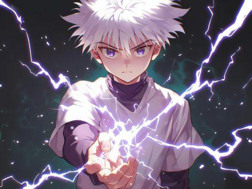 A killua hd wallpaper featuring his intense aura.