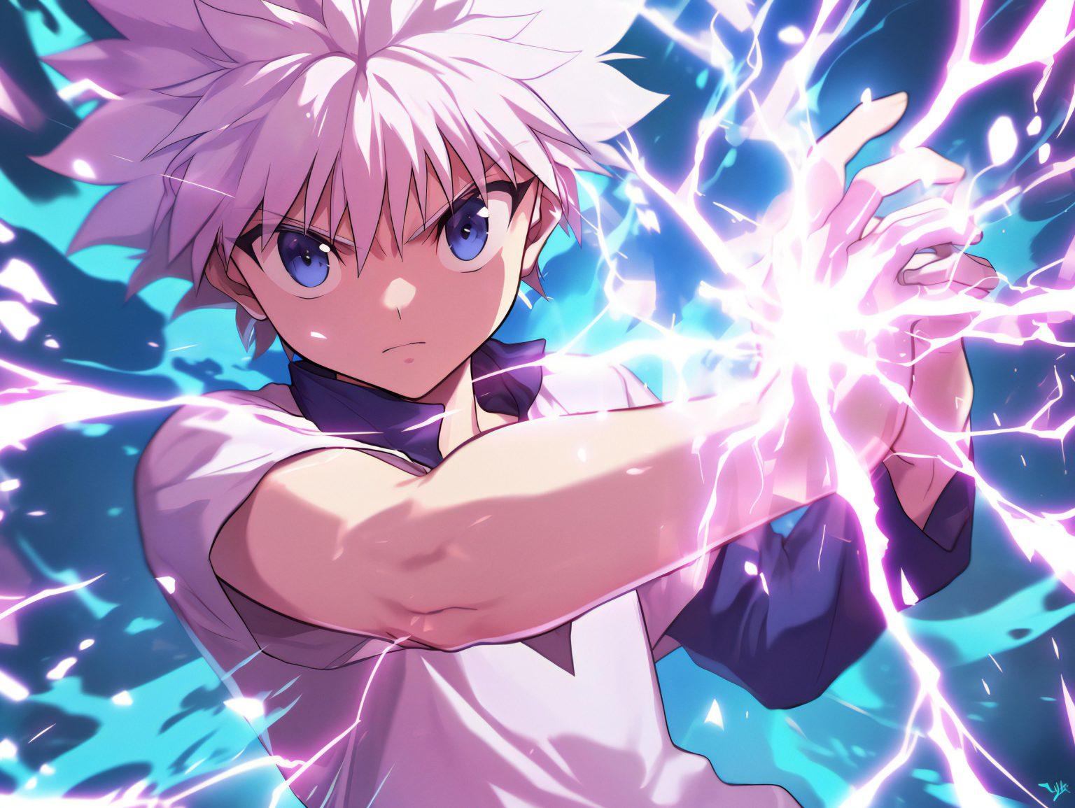 An assassin killua wallpaper featuring his intense aura.