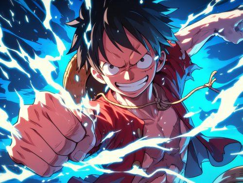 luffy looking awesome surrounded by blue and white energy