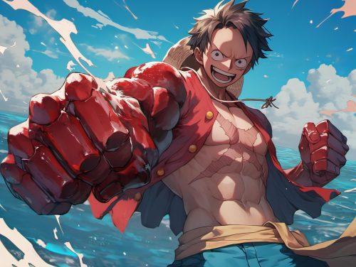 luffy with a big red fist laughing with the sky and ocean in the background