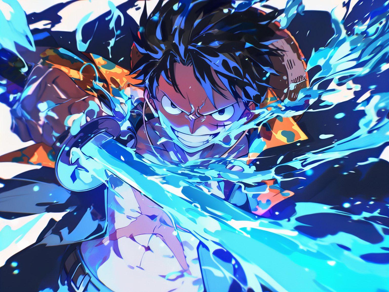 luffy looking sick surrounded by blue fire holding a sword