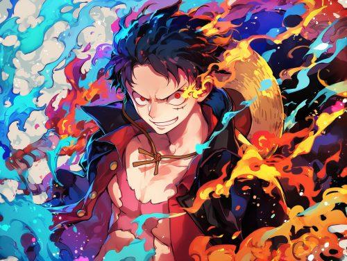 luffy surrounded by red orange and blue fire looking cool