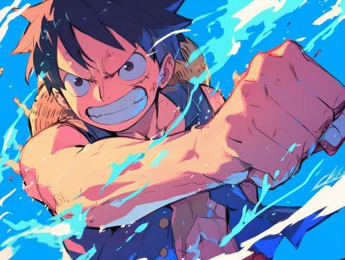 luffy from onepiece angry punching with a sky blue background