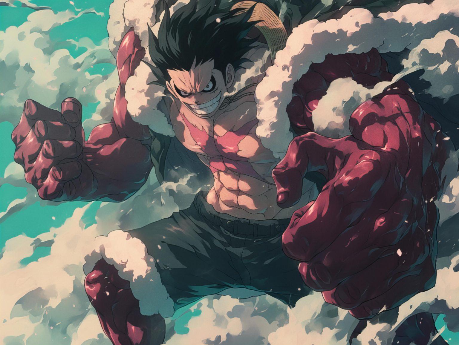 luffy in gear 4 looking fierce in the sky with clouds in the background